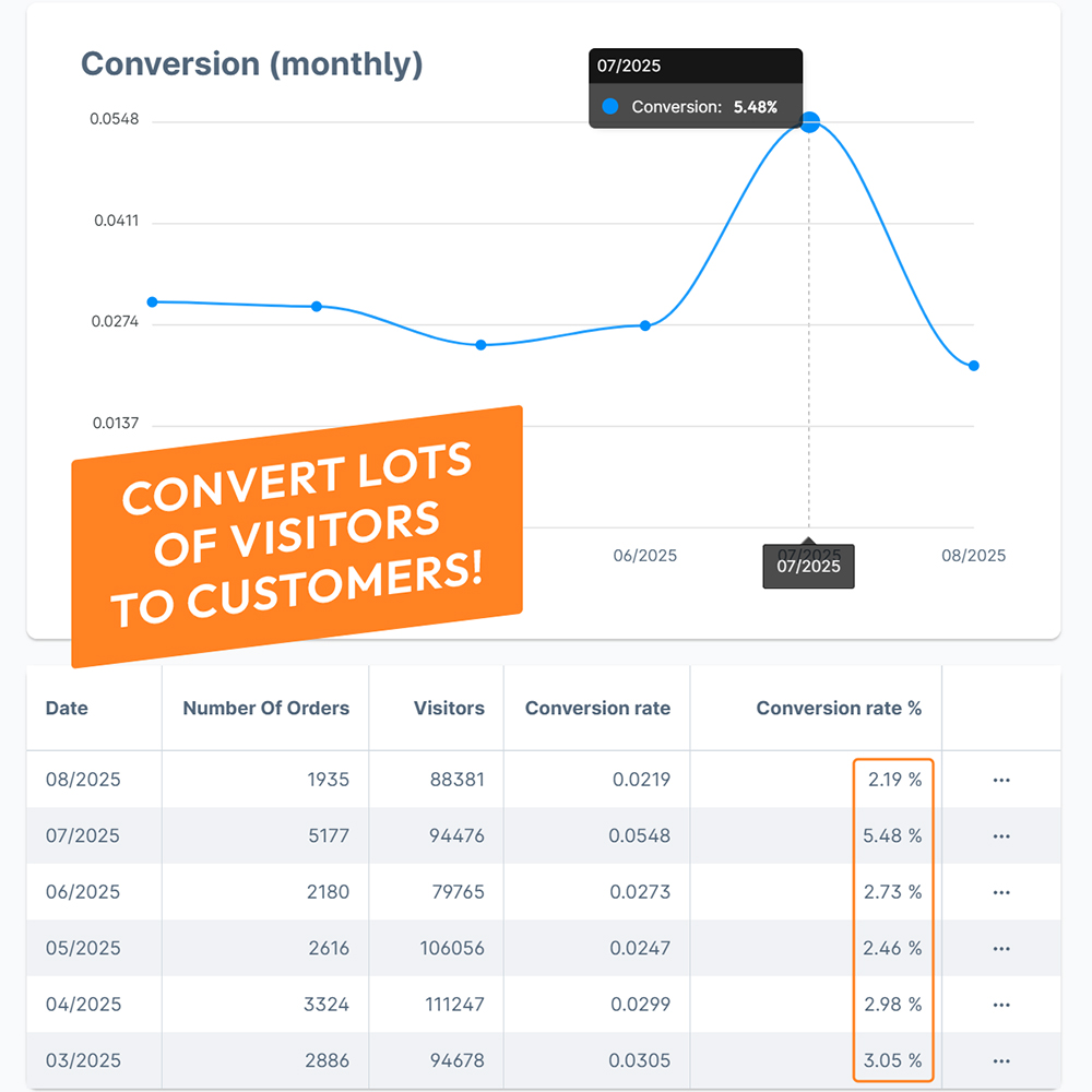 this image shows the monthly conversion rate of the Ghosthack Audio online shop, with the emphasize on a conversion rate of over 5% in July of 2025.