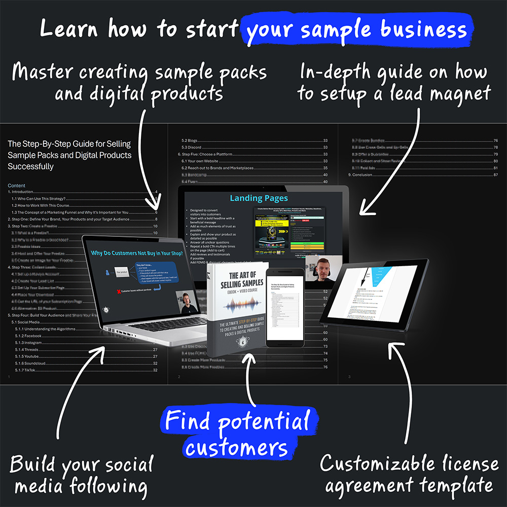 the image shows different devices showcasing the video course and e-book