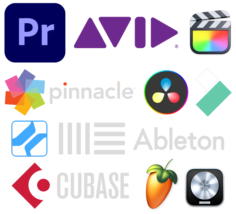 Logos of different audio and video software with which this bundle is compatible with