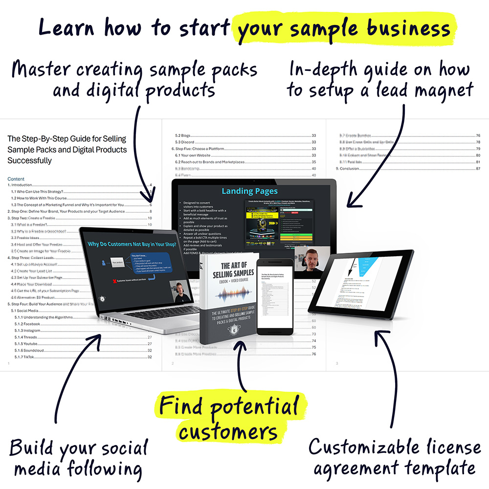 the image shows different devices showcasing the video course and e-book